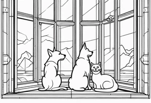 dog and cat sitting on floor and looking out tall octagonal window together tattoo idea
