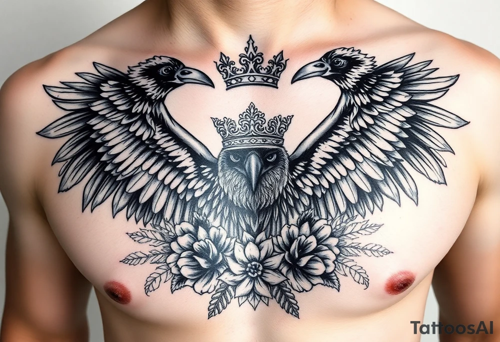 Chest tattoo,powerful majestic ravens with a crown, surrounded by floral ornaments and birds tattoo idea