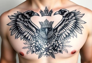 Chest tattoo,powerful majestic ravens with a crown, surrounded by floral ornaments and birds tattoo idea