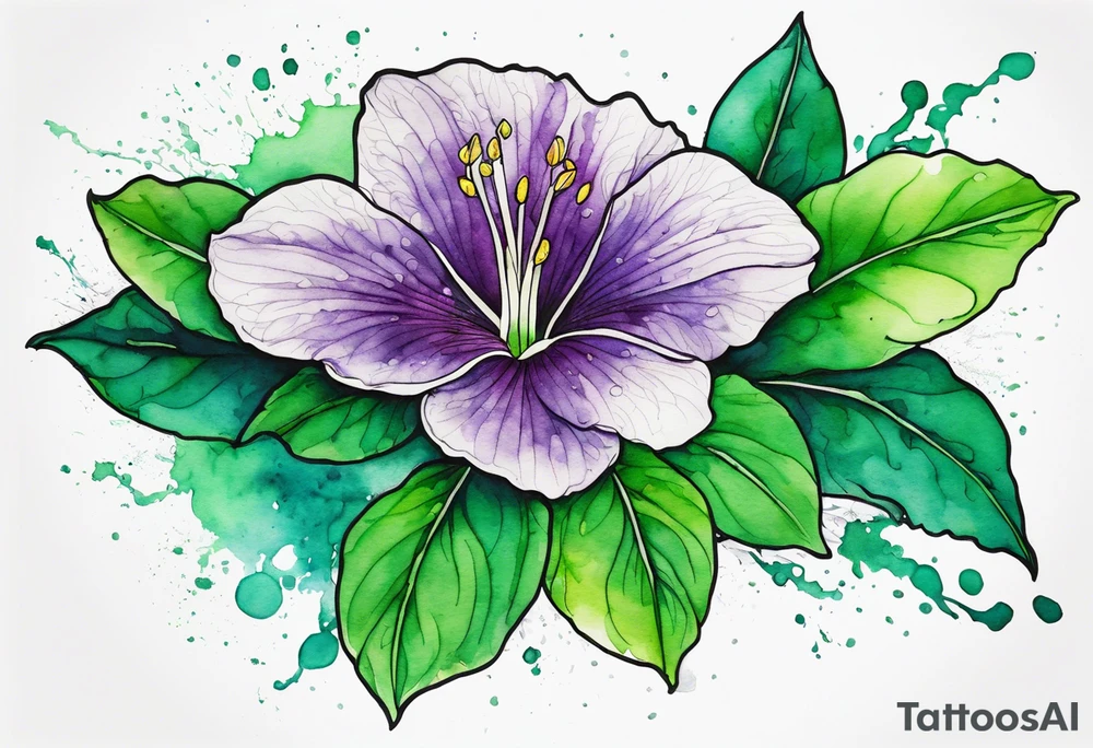 An outline of a green rio dipladenia flower and a green/purple watercolor splash in the background tattoo idea