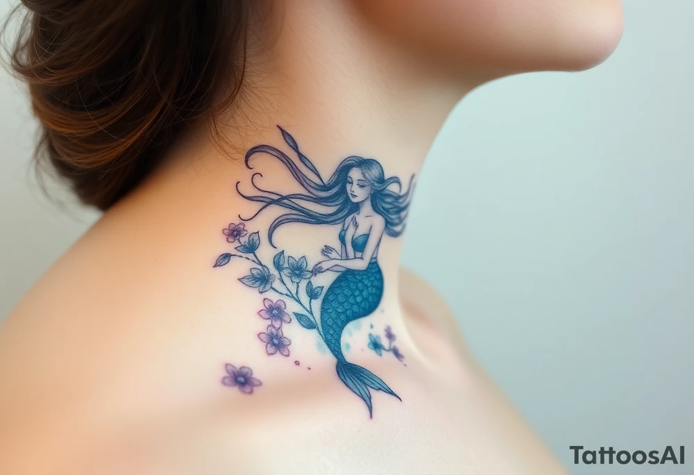 ethereal mermaid with flowing hair among coral and sea flowers tattoo idea