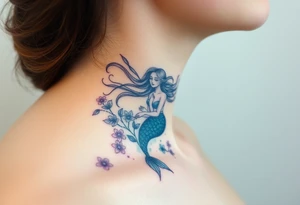 ethereal mermaid with flowing hair among coral and sea flowers tattoo idea