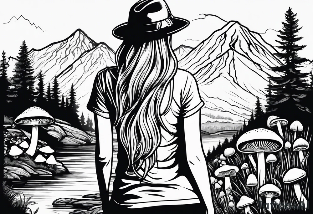 Straight long blonde hair hippie girl in distance holding mushrooms in hand facing away toward mountains and creek surrounded by mushrooms tee shirt and hiking pants tattoo idea