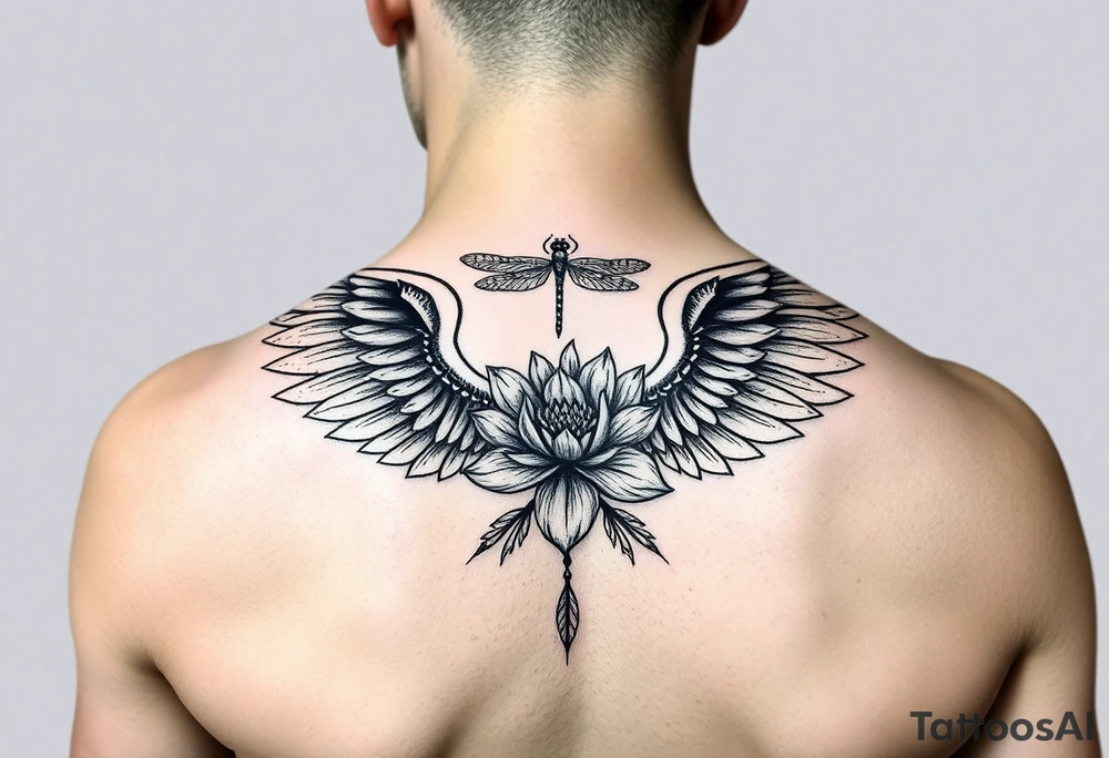 Single Angel wing shoulder design with a floral waterlily and dragonfly design above it tattoo idea