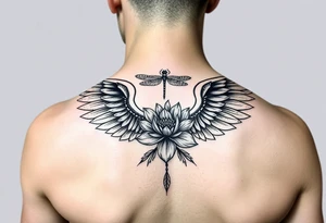 Single Angel wing shoulder design with a floral waterlily and dragonfly design above it tattoo idea