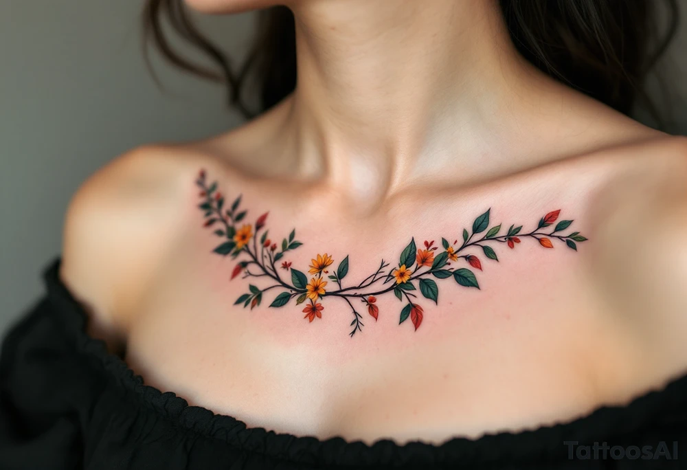 Two separate collarbone tattoos of long, stems and branches covered with red, orange, yellow and dark forest green leaves and flowers, academia, witchy, muted, delicate and gentle but moody, long and thin, following the collarbone. More muted, not so bright, darker colors. Fewer amount of leaves, larger leaves. Less flowers and leaves. tattoo idea