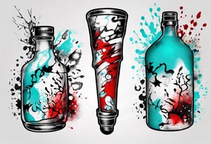 Xoil and Banksy art style, copo americano de boteco, palito de fósforo,  abstract,  cyan and red, acquarel, fractal tattoo idea