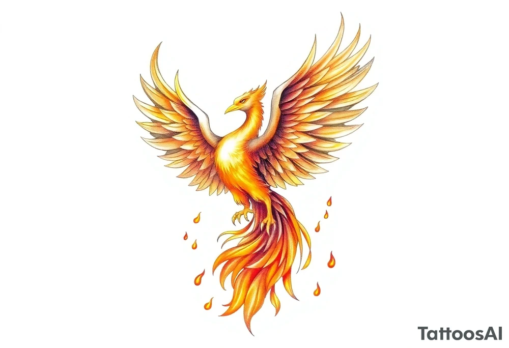 magnificent phoenix rising from golden flames with trailing embers tattoo idea