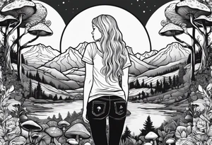 Straight long blonde hair hippie girl in distance holding mushrooms in hand facing away toward mountains and creek surrounded by mushrooms tee shirt and hiking pants; whole rendering within a circle tattoo idea