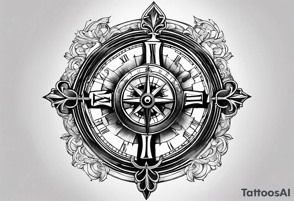 Catholic Cross with clock and compass in the middle tattoo idea