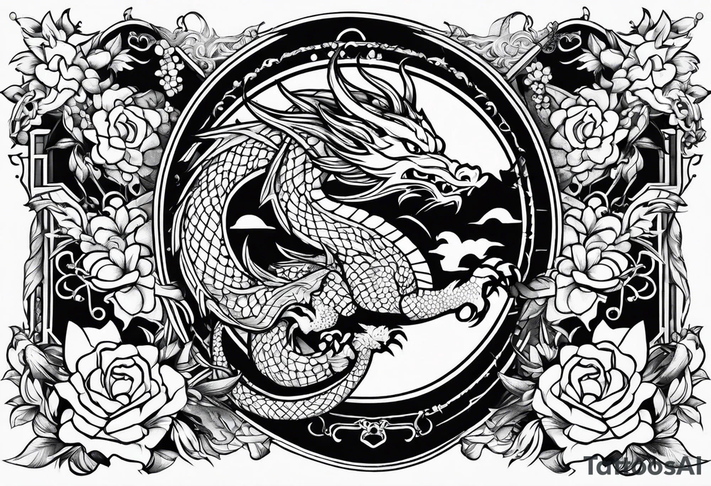 wristband tattoo with dragon and cat tattoo idea