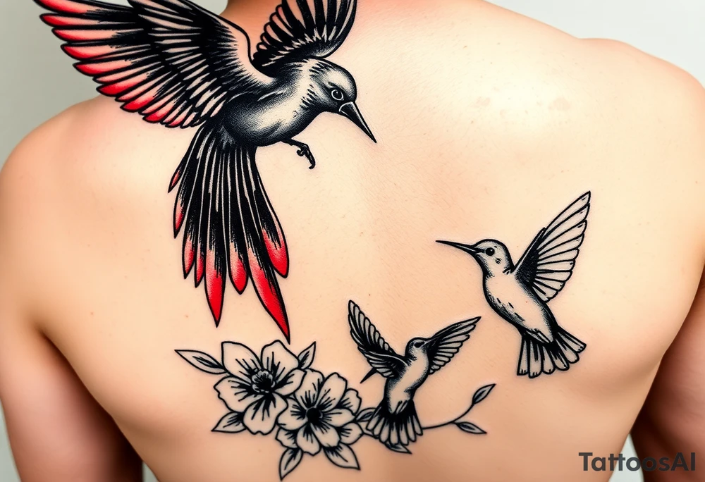 A sexy woman portrait body giving a sexy look and finger in mouth, a black cockatoo red tail flying above her and below her a hummingbird hovering over flowers. Leg design tattoo idea