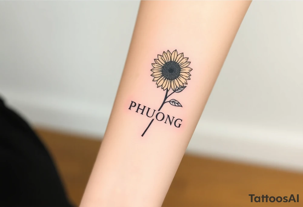 Word "PHUONG" written vertical with the sunflower. tattoo idea