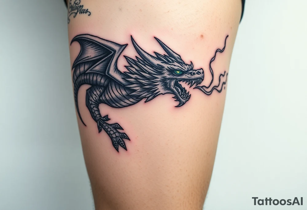 fierce dragon breathing iridescent fire against stormy skies tattoo idea