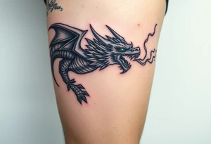 fierce dragon breathing iridescent fire against stormy skies tattoo idea