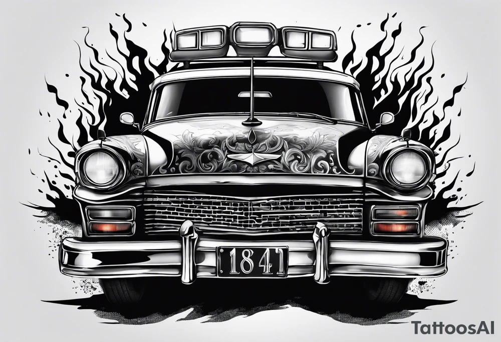 destroyed police car on fire, more realistic tattoo idea