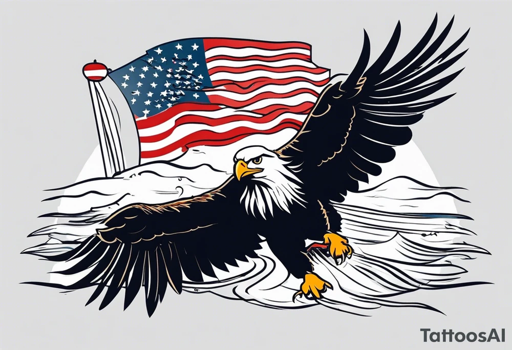 eagle flying in front of USS Nimitz holding American flag in beak tattoo idea