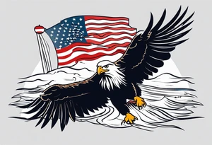 eagle flying in front of USS Nimitz holding American flag in beak tattoo idea