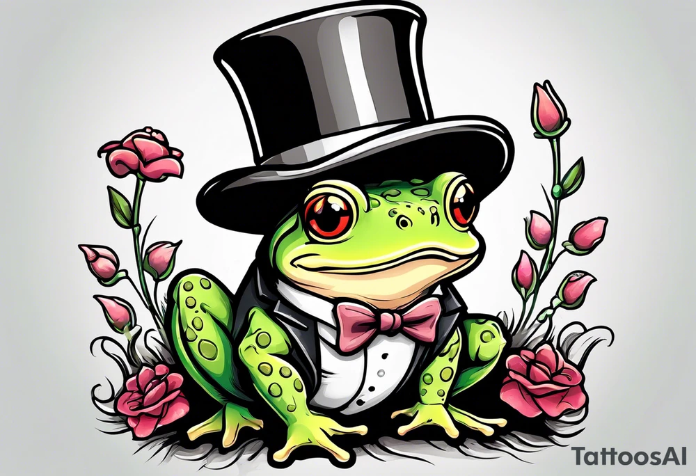 Cute toad standing on back legs  in a top hat and a formal suit holding flowers to go on a date tattoo idea