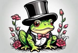 Cute toad standing on back legs  in a top hat and a formal suit holding flowers to go on a date tattoo idea