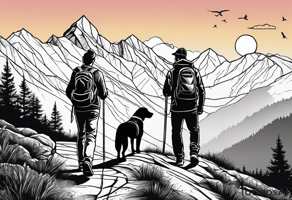 nature, sunset, mountains, a father and son hiking with their dog and cat and a cross tattoo idea