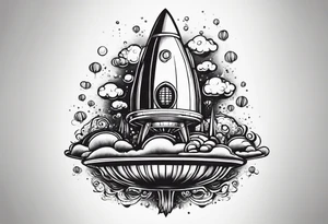 thin rocketship with a psychedelic mushroom top with fire coming out the bottom bursting out of bubble as the bubble pops tattoo idea