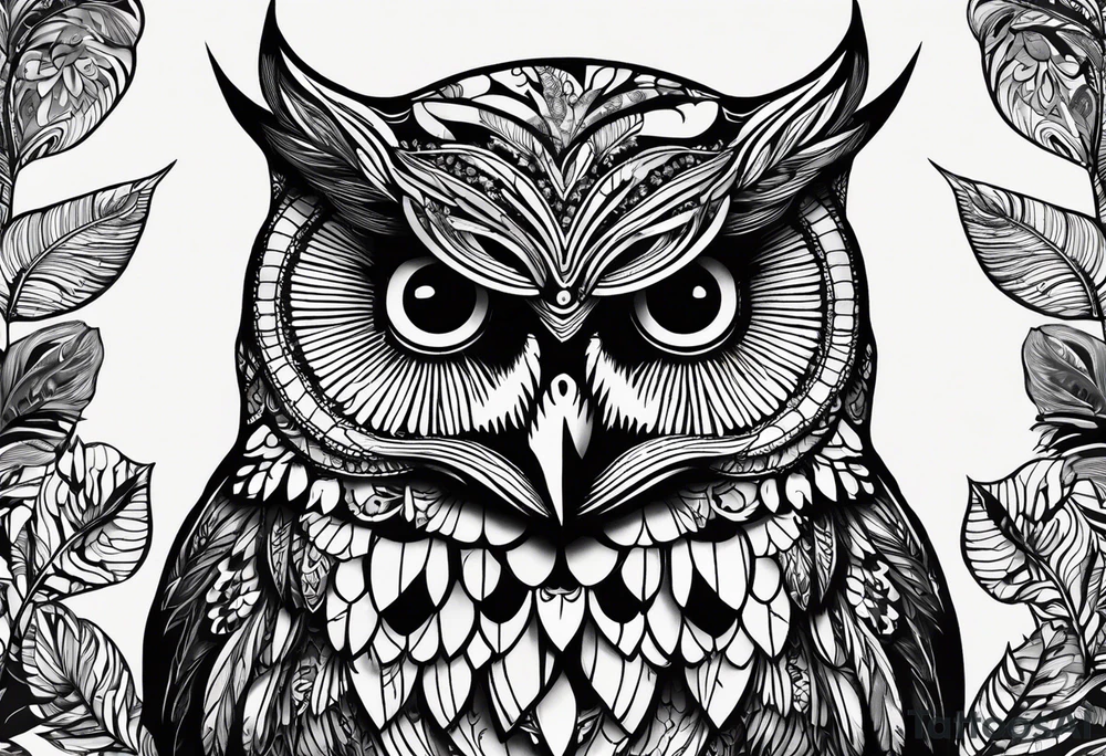 “A wise owl perched on a branch, with large, expressive eyes and intricate feather patterns, representing wisdom tattoo idea