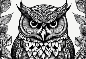 “A wise owl perched on a branch, with large, expressive eyes and intricate feather patterns, representing wisdom tattoo idea