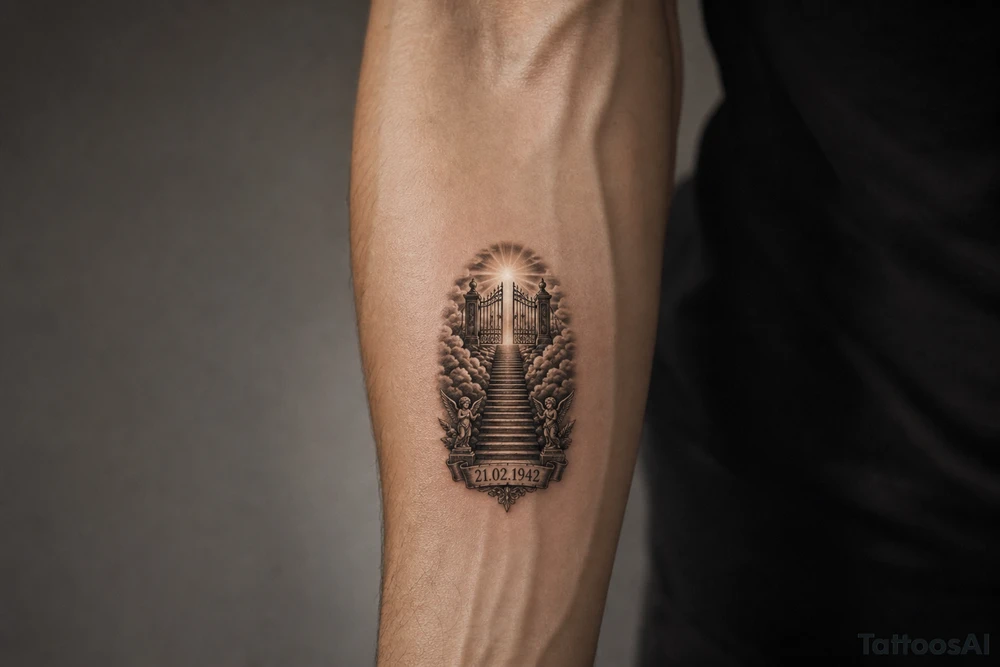 Stairway to heaven, with clouds surrounding the stairs, and the gate being at the top. A date, below the stairs, in Roman numerals 21.02.1942. Also, add some details other than the clouds. tattoo idea