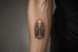 Stairway to heaven, with clouds surrounding the stairs, and the gate being at the top. A date, below the stairs, in Roman numerals 21.02.1942. Also, add some details other than the clouds. tattoo idea