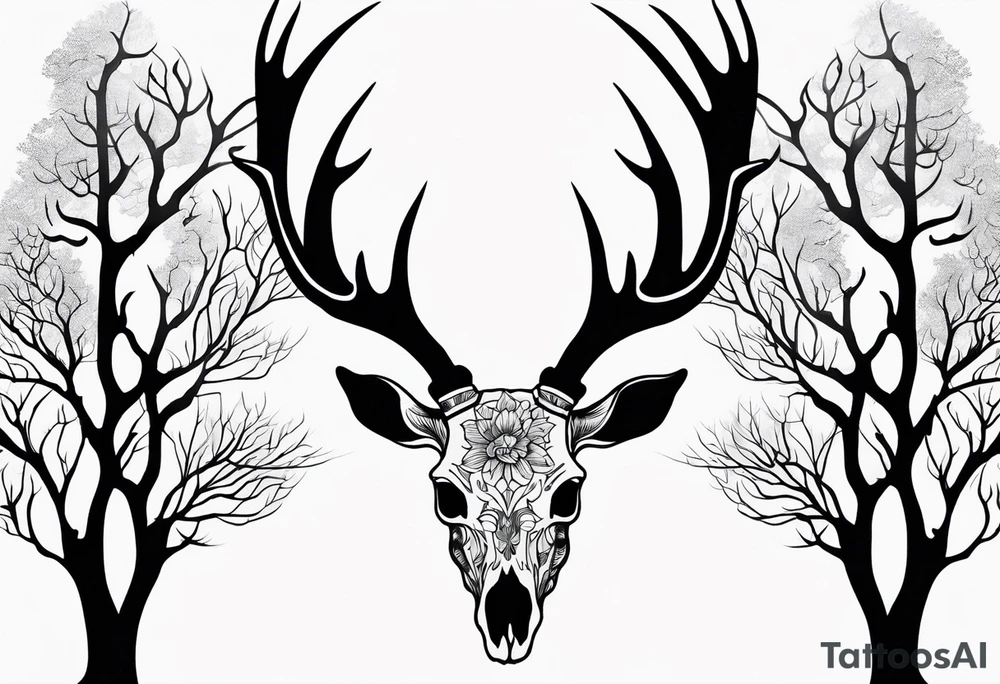 A side view of a dead deer skull surrounded by trees and fire tattoo idea