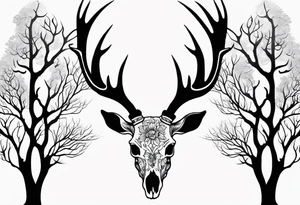 A side view of a dead deer skull surrounded by trees and fire tattoo idea