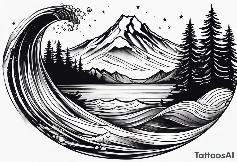 a rhombus shape. Crashing wave at the front. snow-capped mountain at the back. Pine trees to the side. three stars ARE ABOVE THE MOUNTAIN tattoo idea