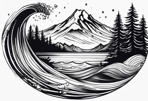 a rhombus shape. Crashing wave at the front. snow-capped mountain at the back. Pine trees to the side. three stars ARE ABOVE THE MOUNTAIN tattoo idea