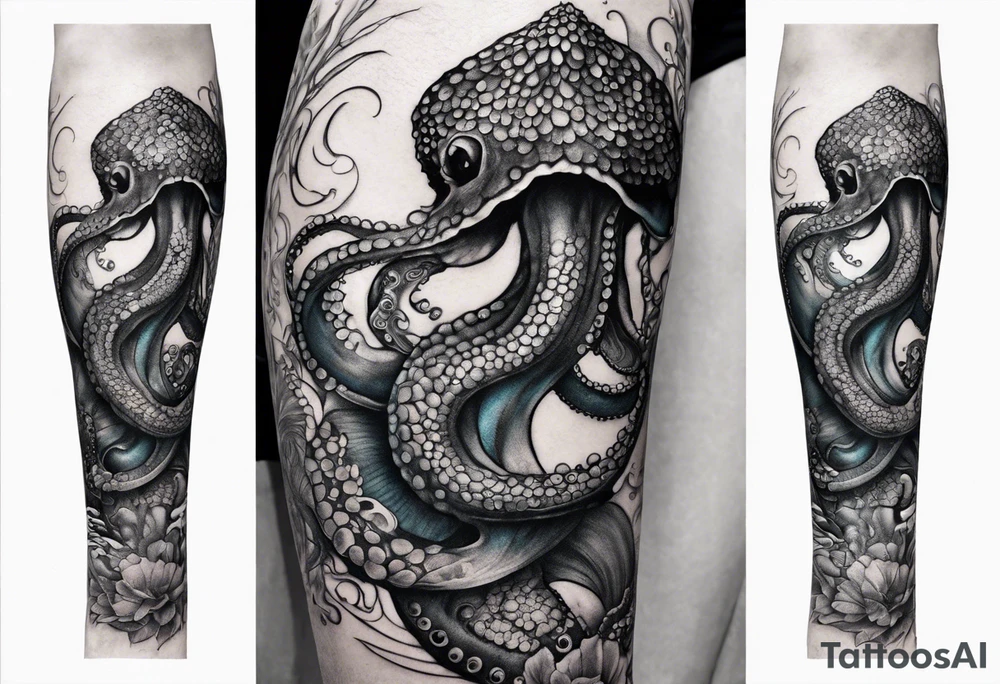 Lower leg sleeve. Large blue ring octopus holding and looking up at mermaid tattoo idea