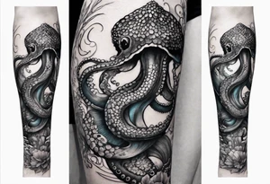 Lower leg sleeve. Large blue ring octopus holding and looking up at mermaid tattoo idea