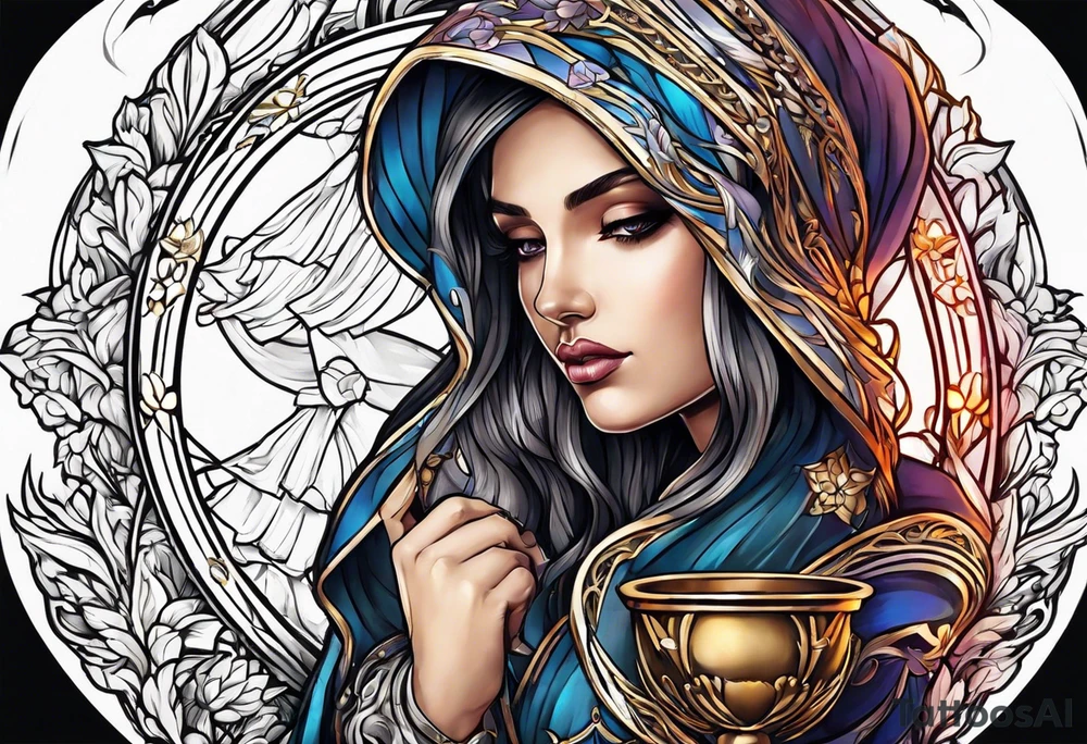 Female saint holding a chalice tattoo idea