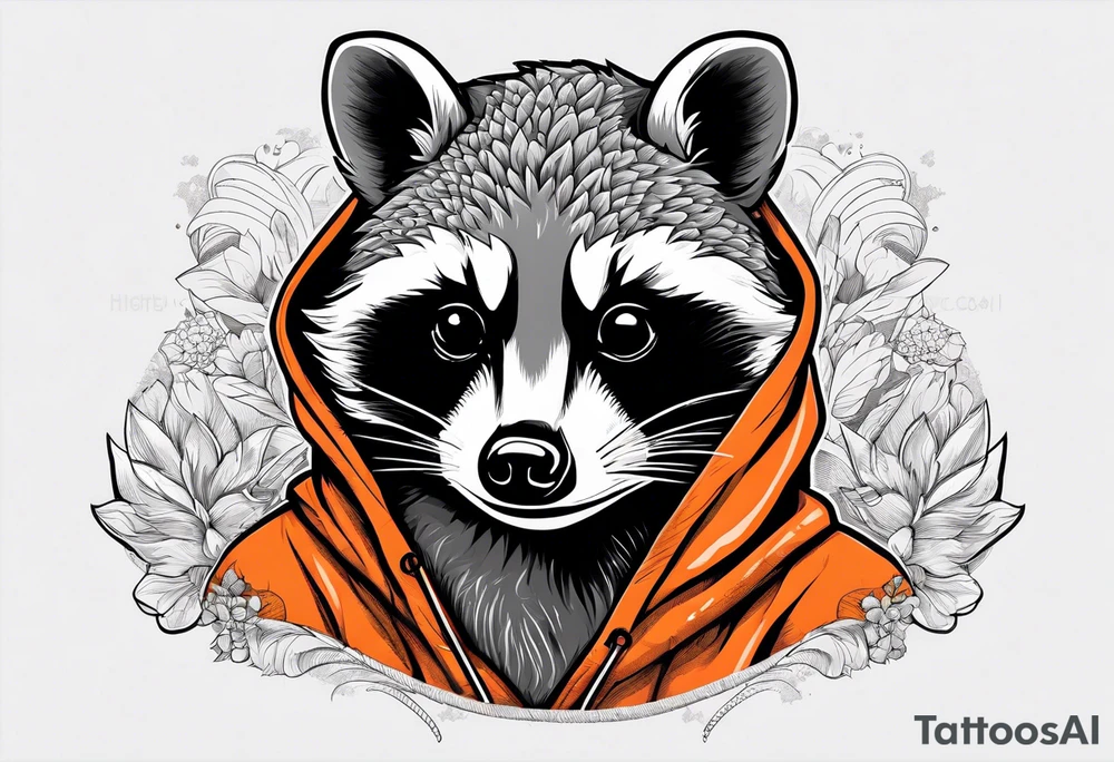 Raccoon wearing an orange Superman hoodie tattoo idea