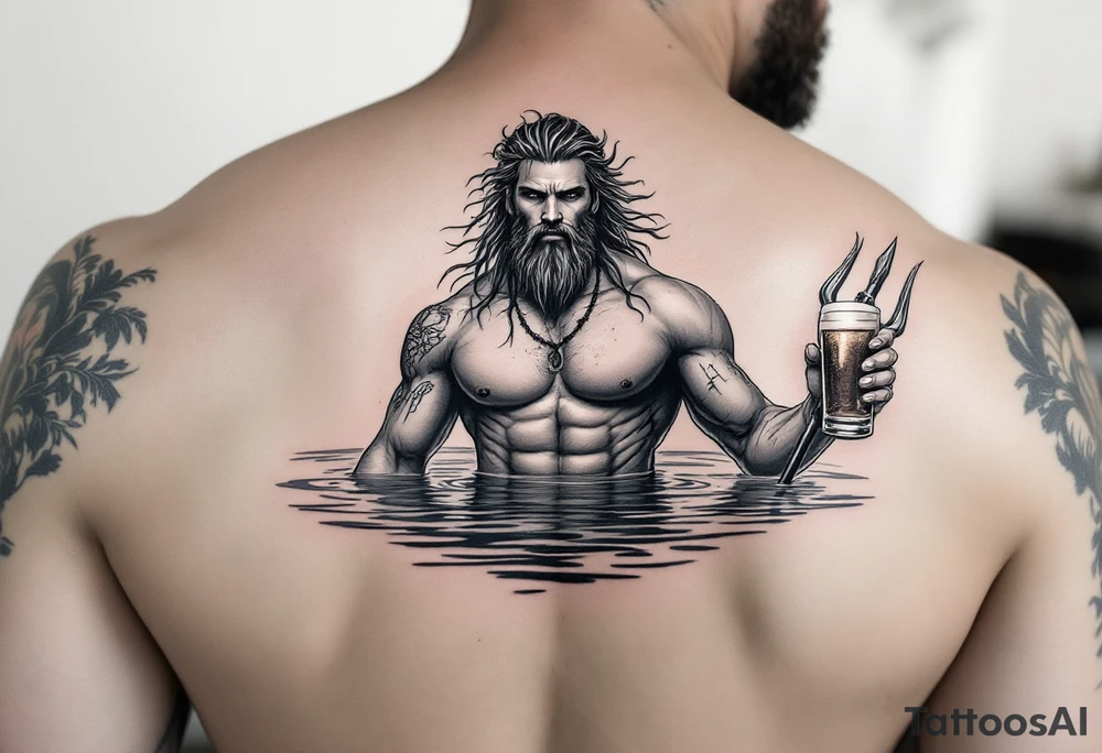 young, fit poseidon in calm water, holding a trident, drinking a beer, with a barefoot tattoo on his bicep tattoo idea