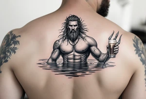 young, fit poseidon in calm water, holding a trident, drinking a beer, with a barefoot tattoo on his bicep tattoo idea