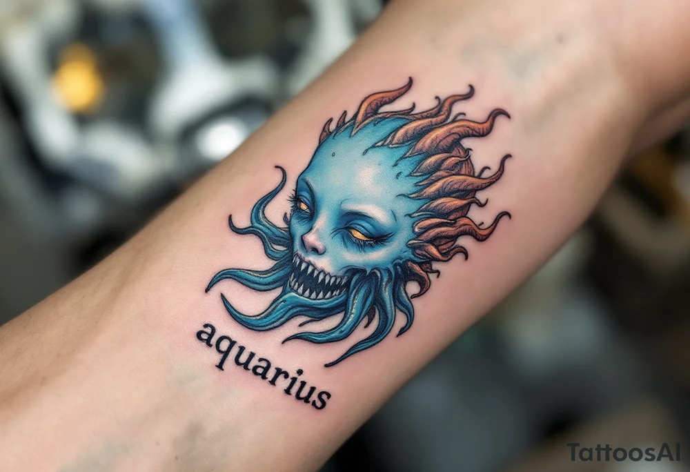A half-human, half-aquatic being, with waterlike gills and baby blue skintone with word "aquarius" underneath tattoo idea
