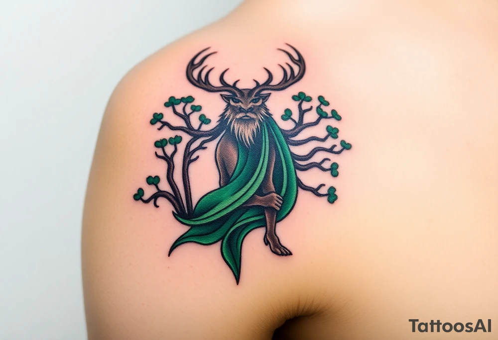 A powerful Cernunnos, the antlered Celtic god of the forest, standing among ancient oak trees, his deep emerald cloak blending into the wild landscape tattoo idea