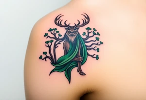 A powerful Cernunnos, the antlered Celtic god of the forest, standing among ancient oak trees, his deep emerald cloak blending into the wild landscape tattoo idea