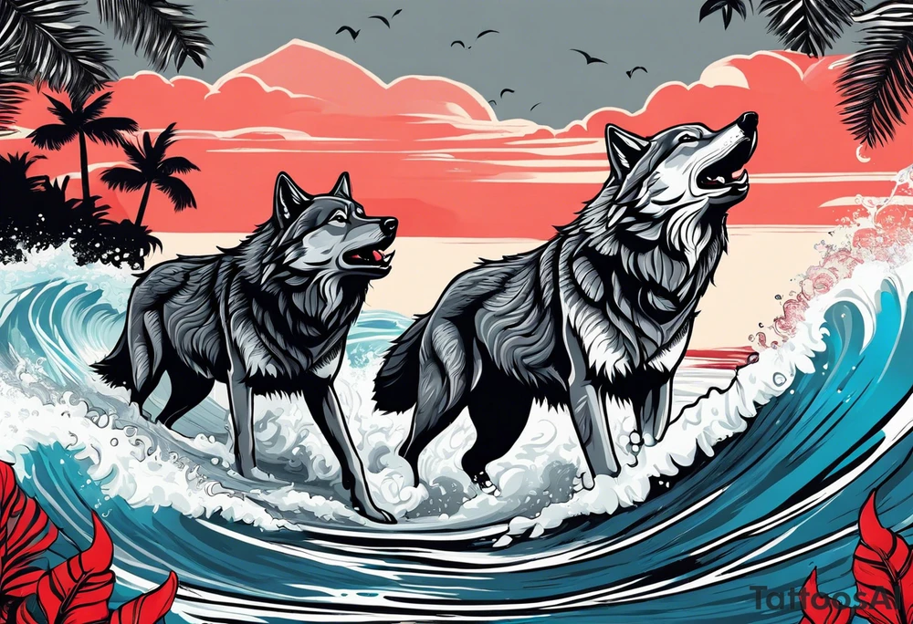 a pack of howling muscular  gray wolves surfing with a tropical background with red white and black and gray tattoo idea