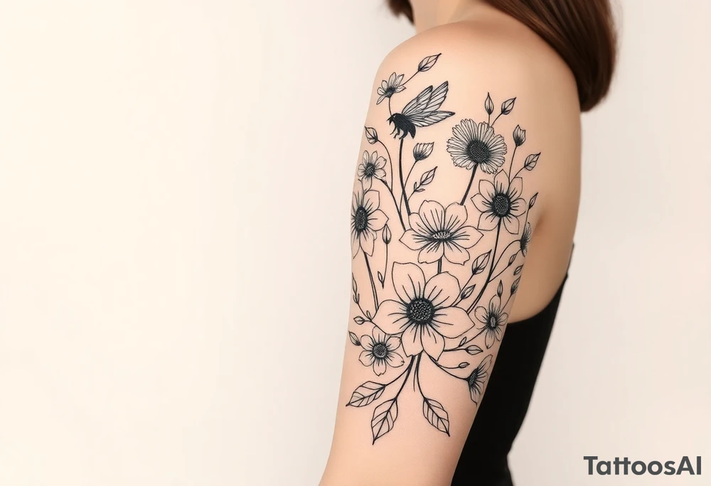 shoulder and three quarter sleeve.  Include crow, honey bee, dandelion puffball, daisy, poppy flower, hawaii flower, dragon flower, the word believe, sprite fairy, dog wood flower, dates: 01/20/85, 5/31/91, 6/10/99, surrounded by floral ornaments and leaves tattoo idea