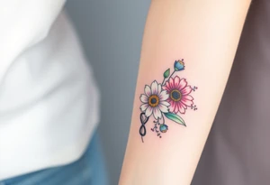 Fine line flower bouquet tattoo with 3 gerbera daisies and other flowers and infinity symbol worked in as part of the design tattoo idea