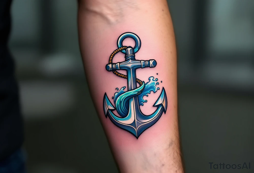 Oceanic Hook – A hook designed as a silver anchor, connected to flowing blue and green waves, representing a connection with the ocean's power. tattoo idea