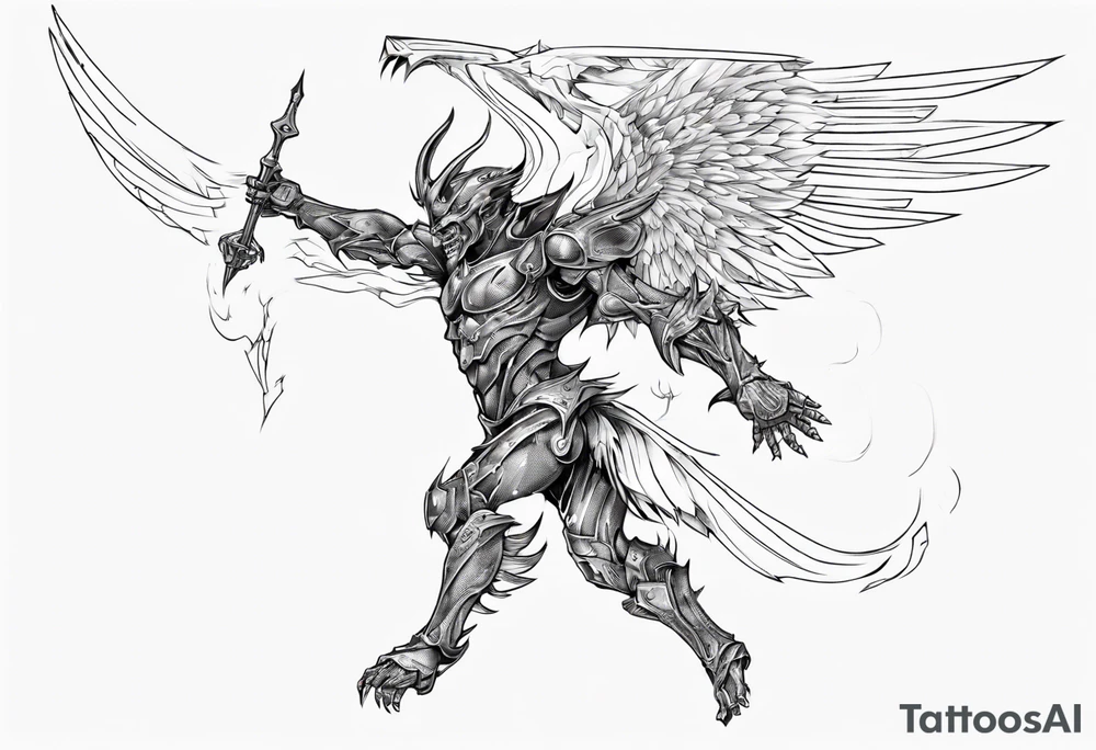 Side view of a demon angel wearing inorganic armor that is in mid-air in attack position. tattoo idea