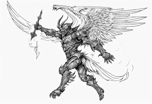 Side view of a demon angel wearing inorganic armor that is in mid-air in attack position. tattoo idea