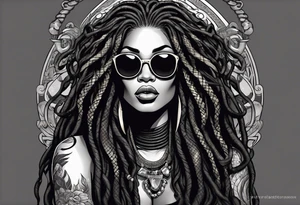 medusa as a beautiful black women with long black dreadlocks and one arm tattooed with snake skin and the other arm tattooed with marble, wearing large black sunglasses, streetwear tattoo idea